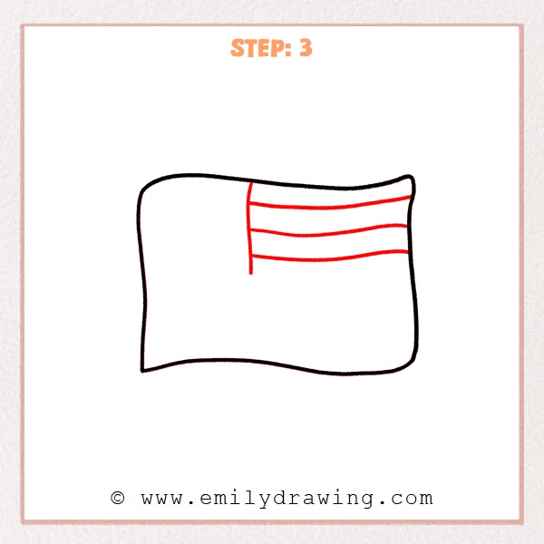 how to draw an american flag - Step 3: A canton divider is added, and wavy horizontal stripe lines begin on the right.